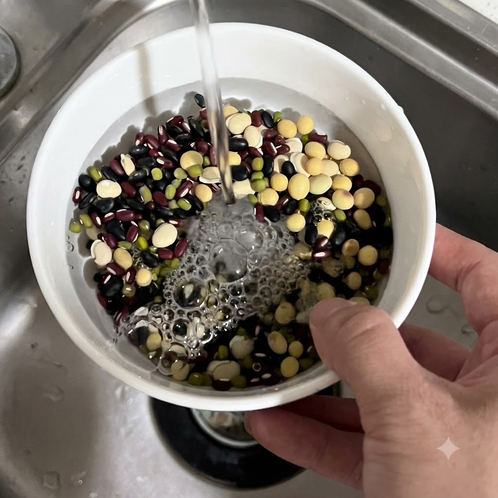 Wasser läuft aus einem Wasserhahn in eine weiße Schüssel, die mit einer Mischung aus mehrfarbigen Bohnen gefüllt ist.