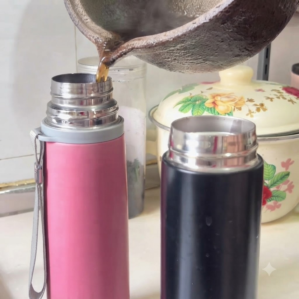 Die dunkle Kräutersuppe wird aus dem Topf in rosa und schwarze Thermoskannen auf der Küchenarbeitsplatte gegossen.
