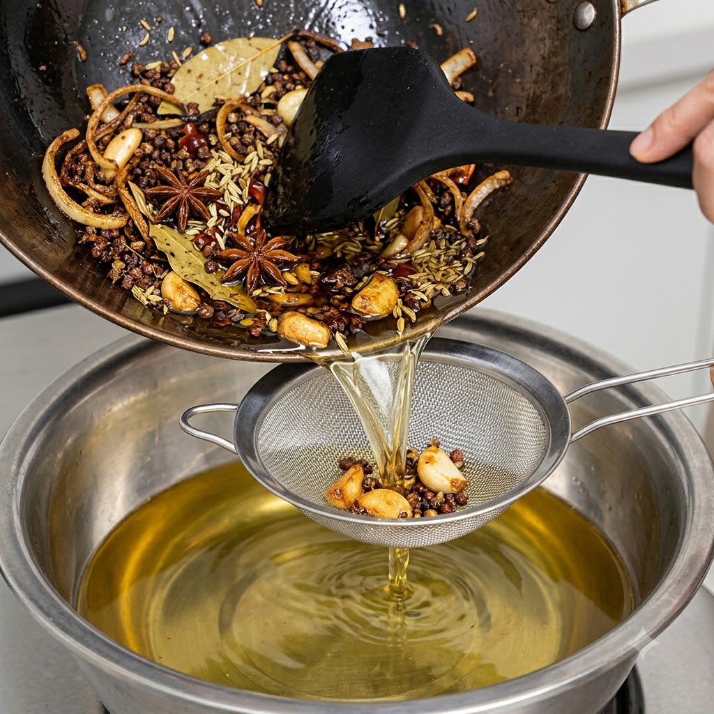 Würziales Öl wird aus einem Wok durch ein Drahtsieb in eine große Metallschüssel gegossen.