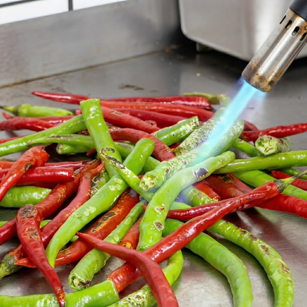 Eine blaue Flamme eines Brenners bräunt die Oberfläche von roten und grünen Chilis auf einem Metalltisch.