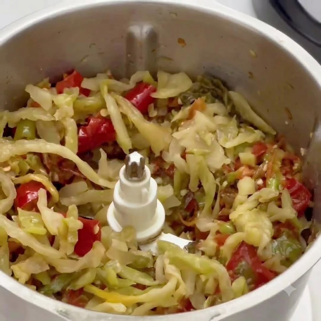 Chilis und gehackter eingelegter Senfkohl verbinden sich im Mixer.