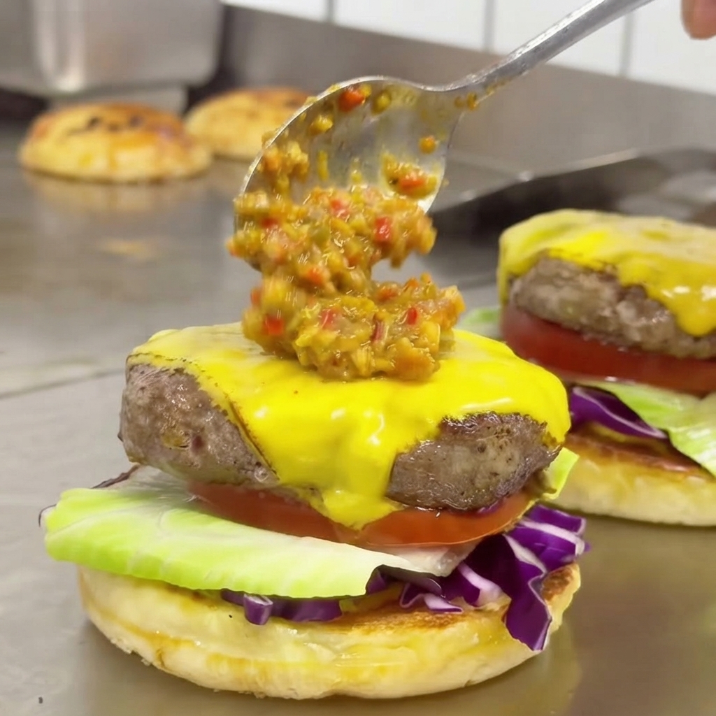 Ein Löffel strukturierter grüner und roter Chilisauce wird über geschmolzenen Käse auf einem Rinder-Patty geträufelt.
