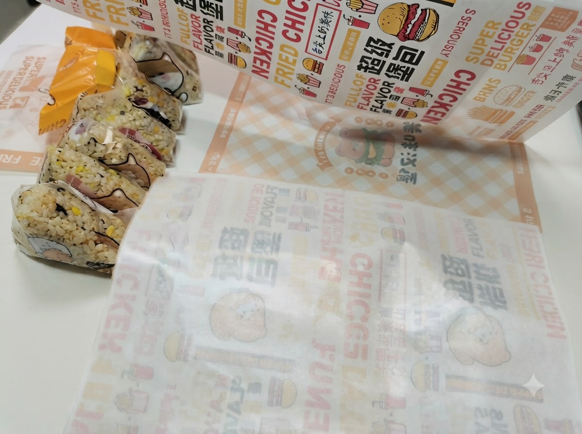 Eine Burger-Verpackung liegt flach mit der gemusterten Seite nach unten und den erwärmten Brötchenhälften darauf.
