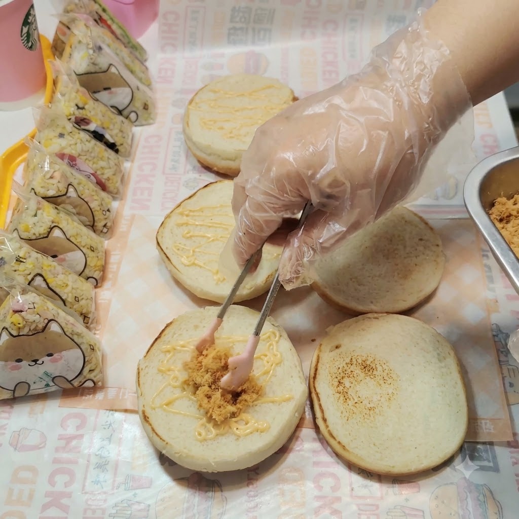 Schweinefleischflocken werden mit einer Zange vorsichtig auf das mit Soße bedeckte Burger-Brötchen gelegt.