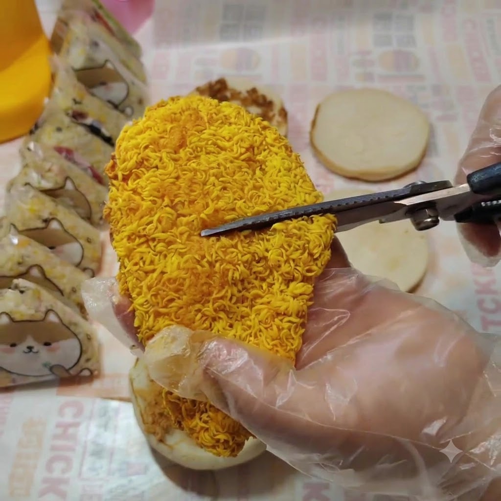 Ein knuspriges Hähnchenschnitzel wird mit einer Küchenschere in zwei Hälften geschnitten.