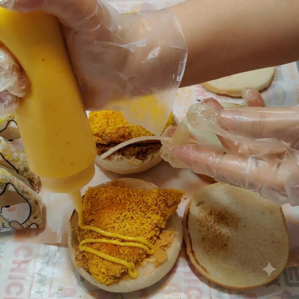 Honig-Senf-Soße wird in einer Zickzack-Bewegung über das Hähnchenschnitzelstück geträufelt.