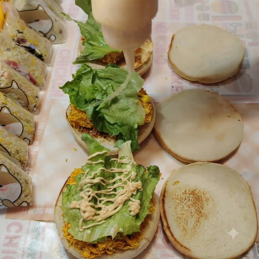 Soße wird aus einer Flasche in einem Zickzack-Muster auf den grünen Salat gedrückt.