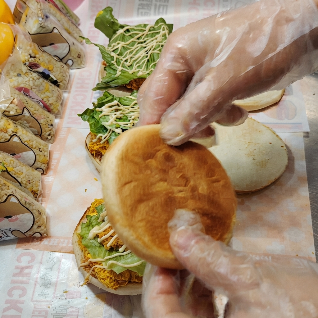 Der obere Brötchen-Deckel wird über der gefüllten Burger-Basis positioniert.