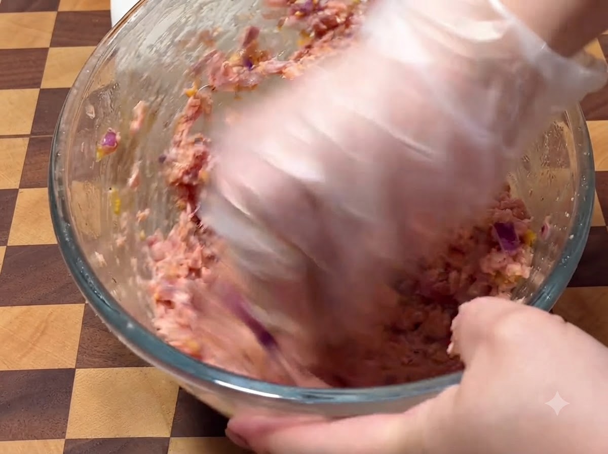 Eine bemalte Hand mischt die Hamburgerfleischmischung kräftig in einer Glasschüssel.