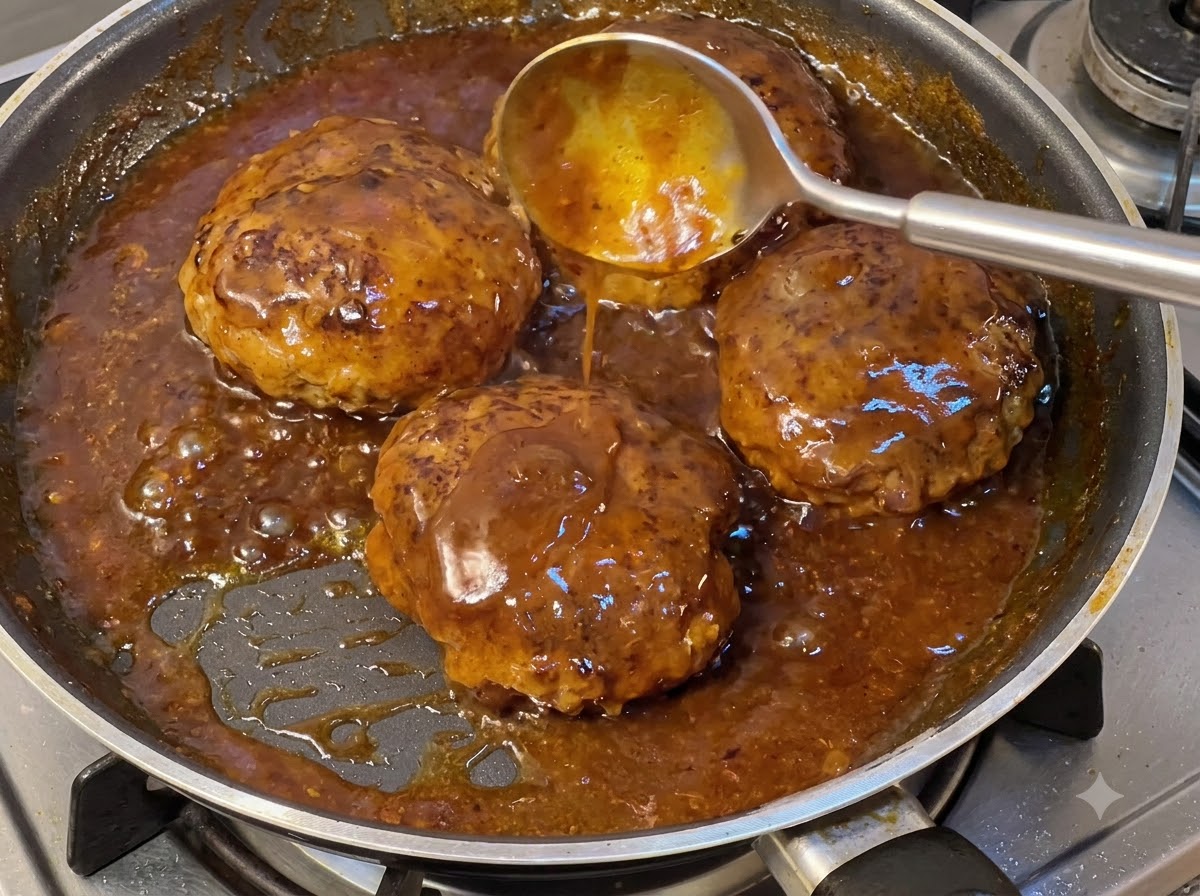 Hamburger-Patties köcheln in einer reichhaltigen, blubbernden braunen Sauce mit einem Löffel, der Sauce darüber schöpft.