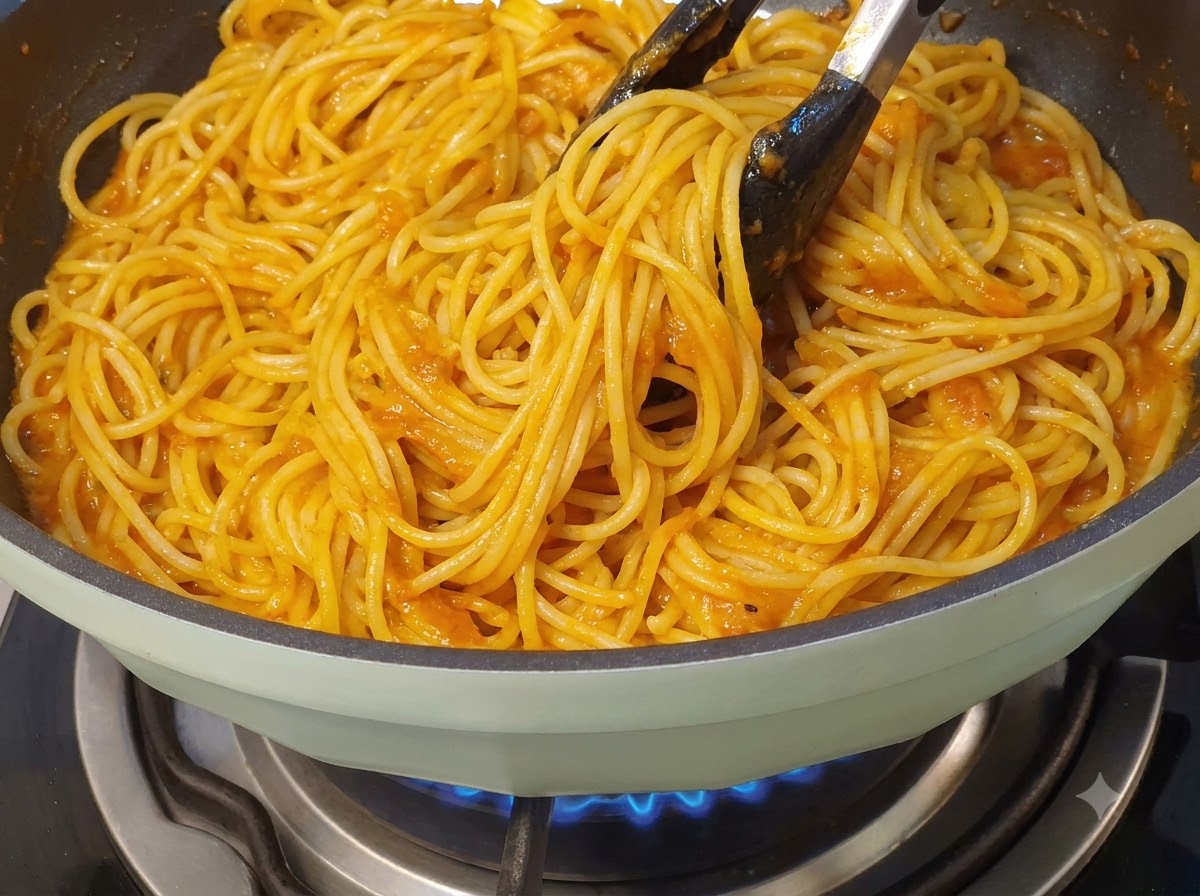 Eine Zange mischt gelbe Spaghettinudeln gründlich in einer grün beifarbigen Pfanne voll rot-oranger Fleischsauce.