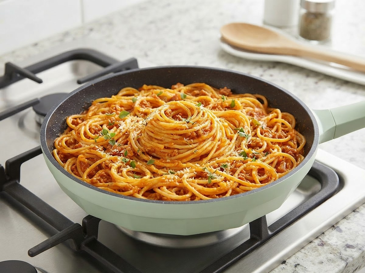 Eine Pfanne voller umhüllter Spaghetti, in der Mitte zu einem ordentlichen Nest geformt und mit Kräutern garniert.