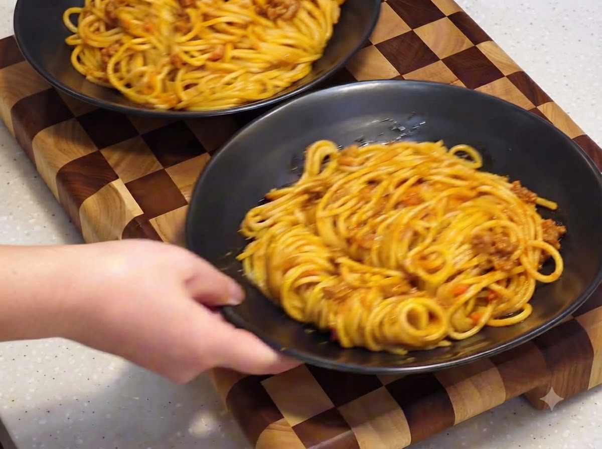 Hände platzieren schwarze Servierteller mit Spaghetti auf einem hölzernen Schachbrett-Schneidebrett.