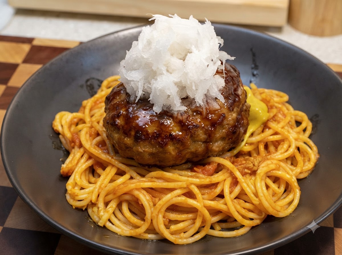 Eine Nahaufnahme eines Berges aus geriebenem weißem Rettich auf einem glasierten Hamburger-Patty über Spaghetti.