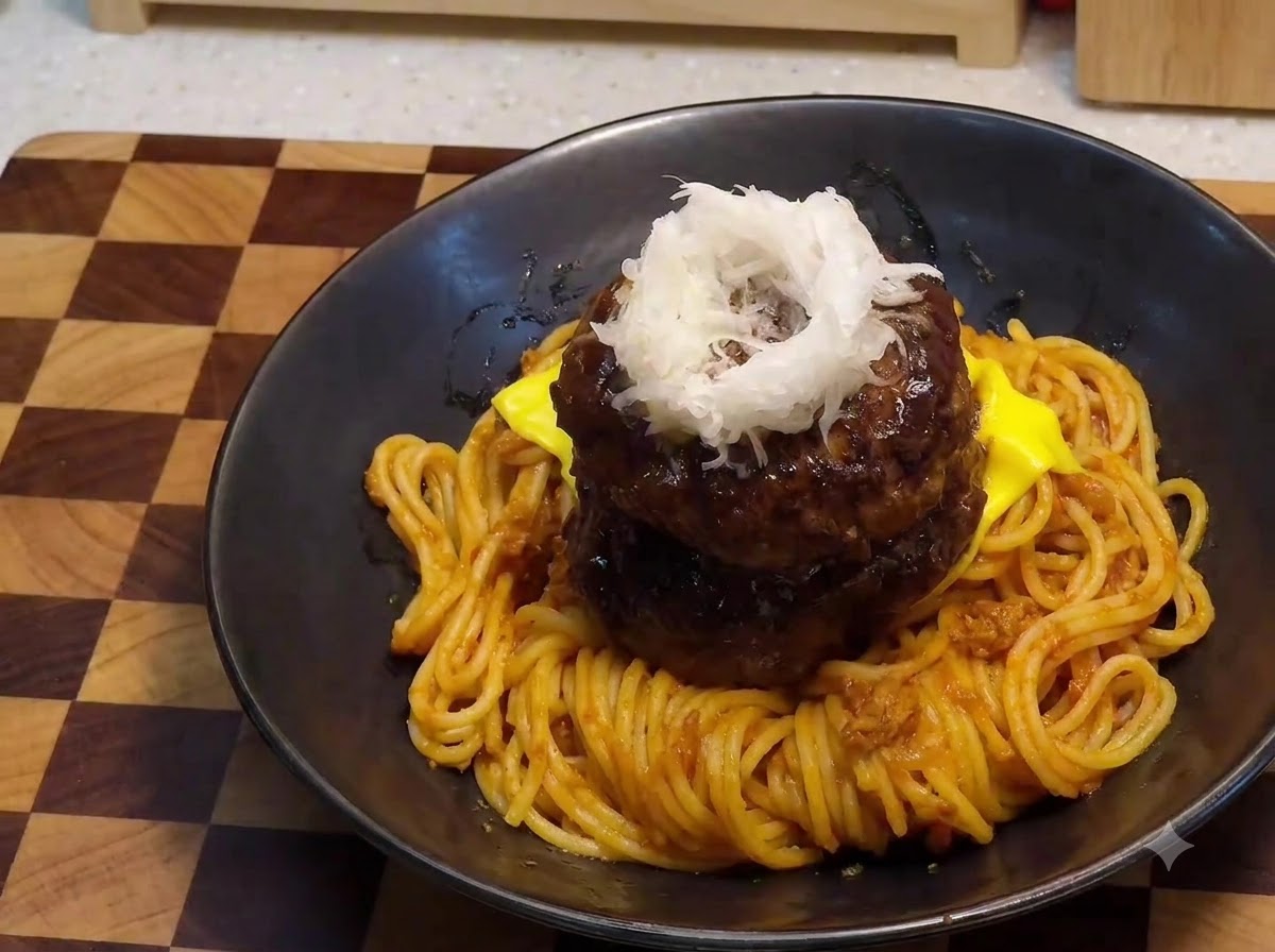 Ein rohes Wachteleigelb sitzt zentriert auf einem Berg geriebenen weißen Daikon-Rettichs auf gestapelten Hamburger-Patties.