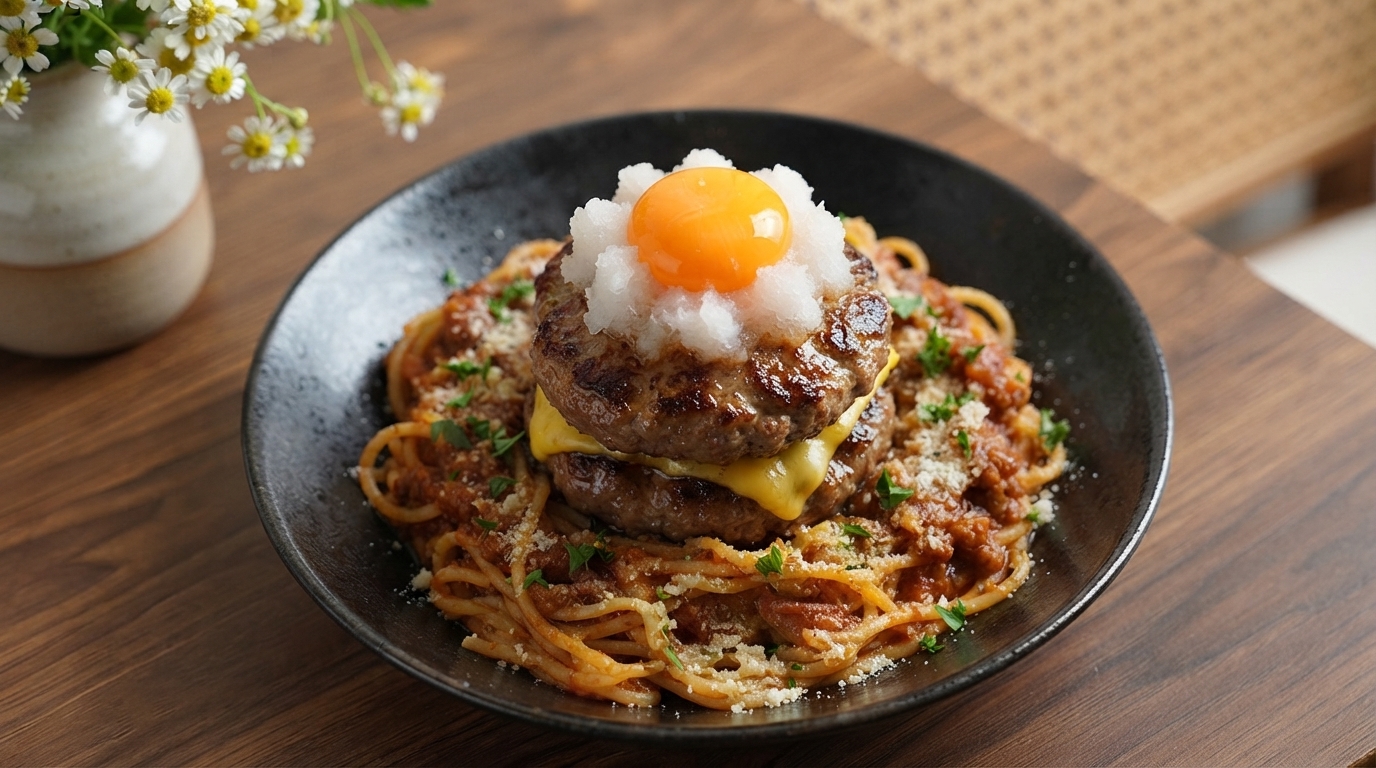 Doppelter Hamburger-Steak-Pasta-Teller mit Garnelen-Quinoa-Salat