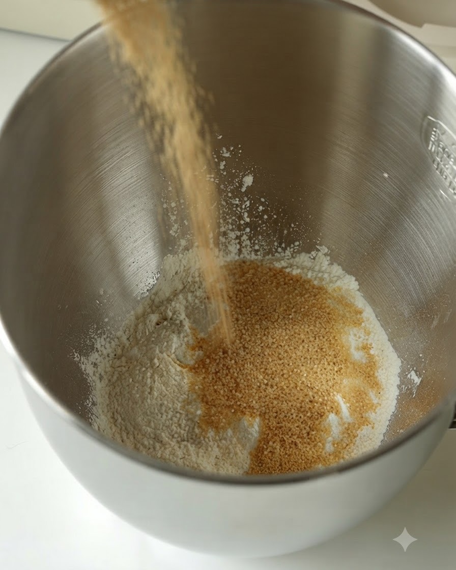 Pflanzliche Milch wird in eine Rührschüssel mit Mehl und braunem Zucker gegossen.