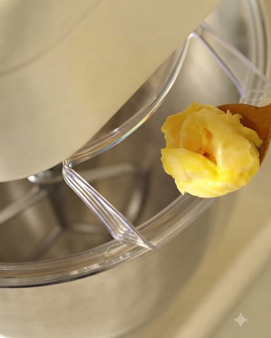 Gelbe vegane Butter wird auf einem Löffel in der Nähe einer Küchenmaschine gehalten.