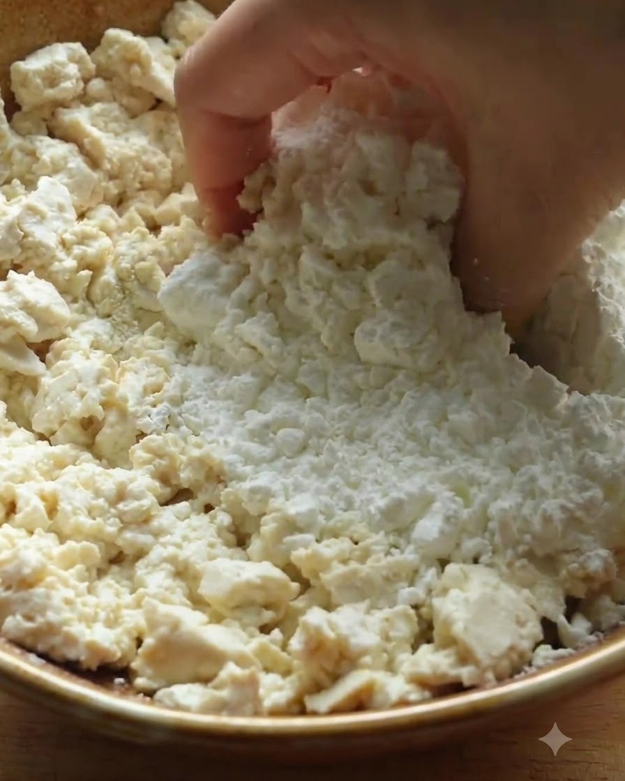 Tofu wird in einer Holzschüssel zerbröselt und mit Mehl sowie Speisestärke vermischt.