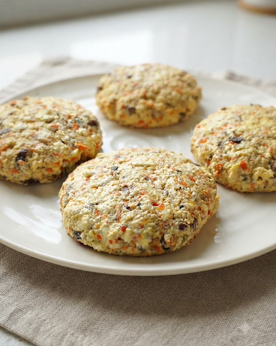 Vier geformte, mit Samen panierte vegane Burger-Patties liegen auf einem weißen Teller.
