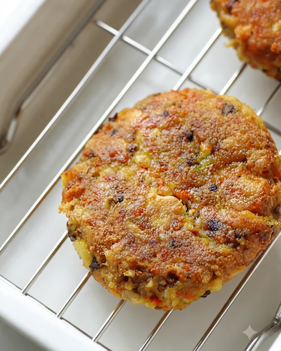 Ein frisch gebratenes, goldbraunes veganes Burger-Patties liegt auf einem Kuchengitter.
