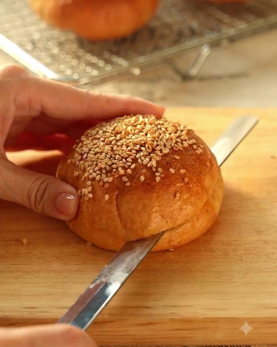Ein gebackenes Sesam-Burgerbrötchen wird mit einem Messer auf einem Holzbrett waagerecht halbiert.