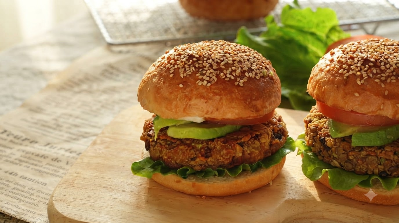 Veganer Burger mit selbstgemachten Patties, Buns und Salatdressing
