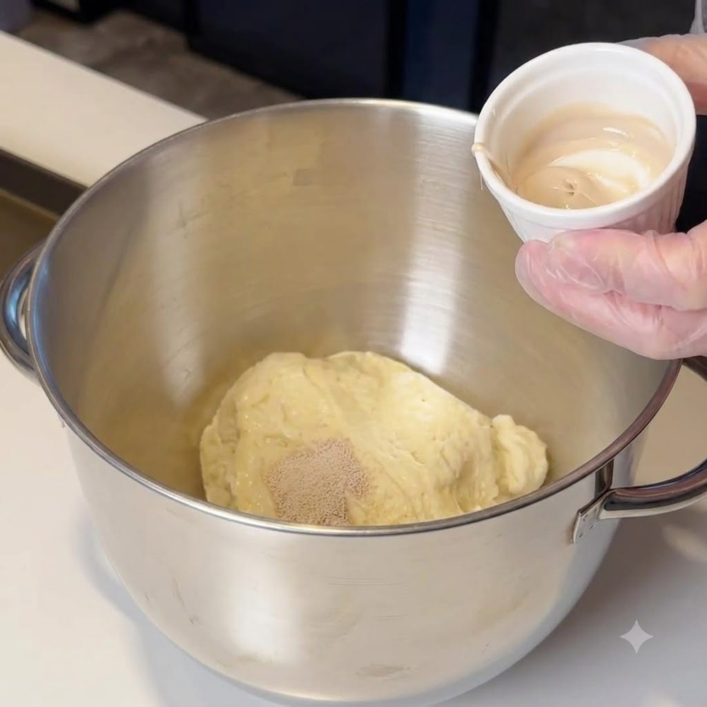Eine Rührschüssel mit Teig und Hefemischung, bereit zum Kneten.