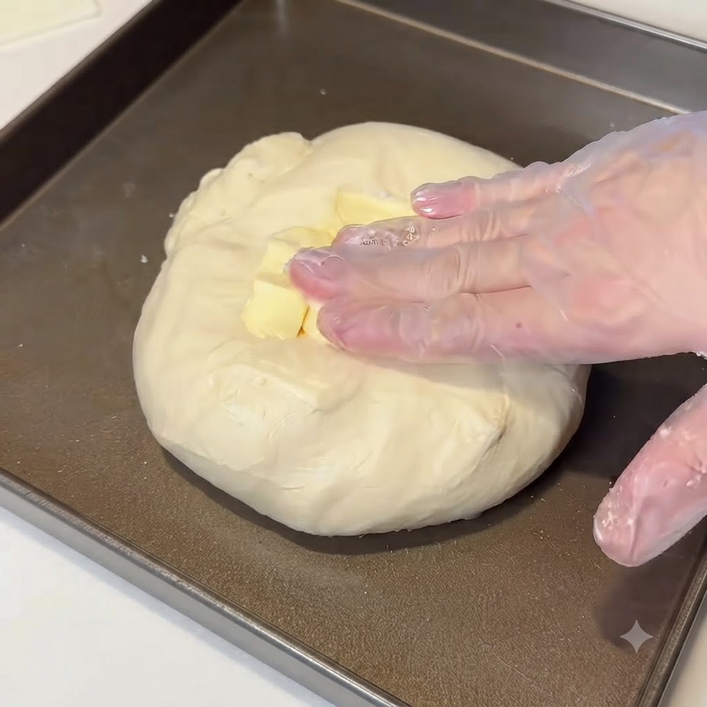 Stücke weicher Butter auf dem Teig in einer Backschale.