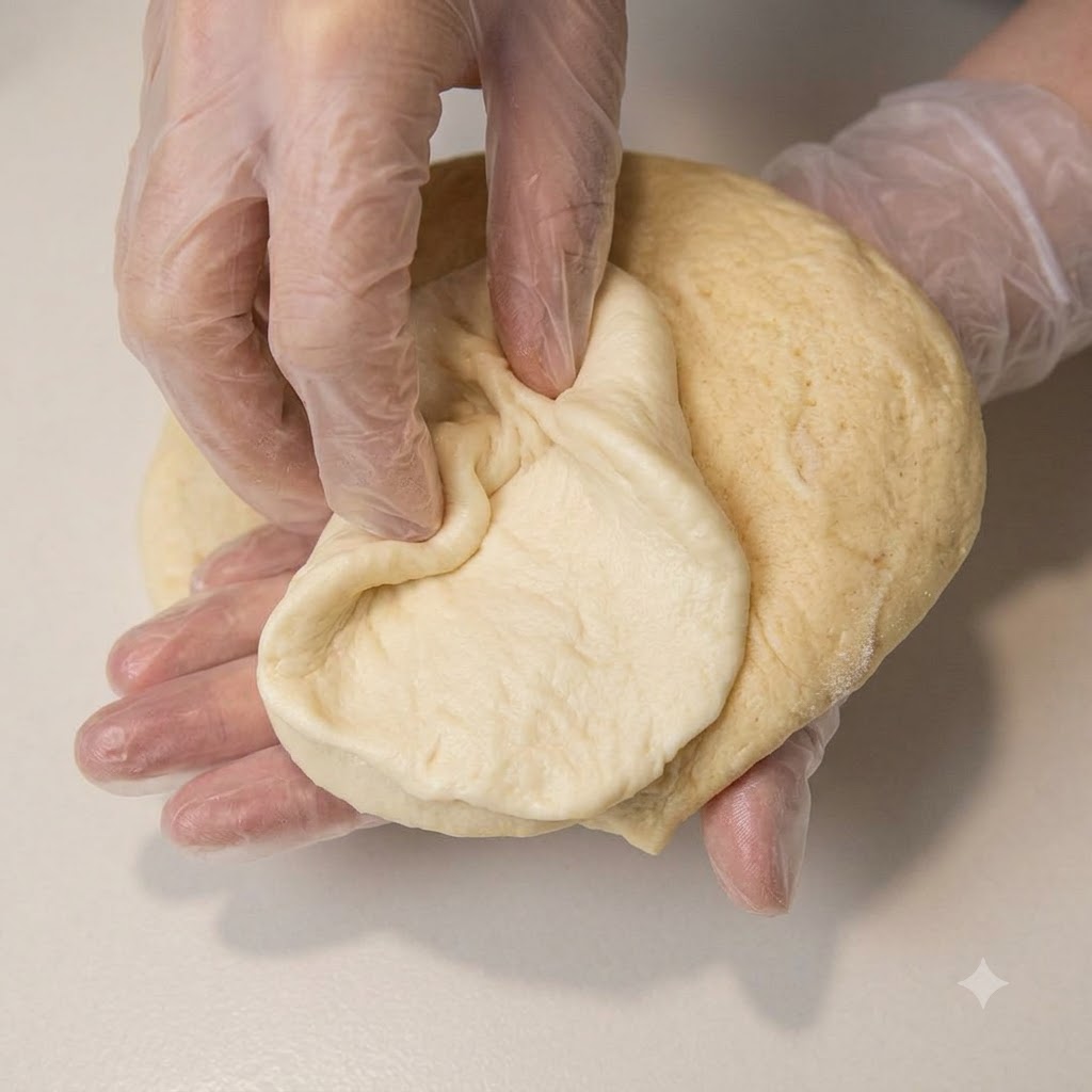 Hände falten und stecken Teig, um ein straff versiegeltes, glattes rundes Bun zu formen.