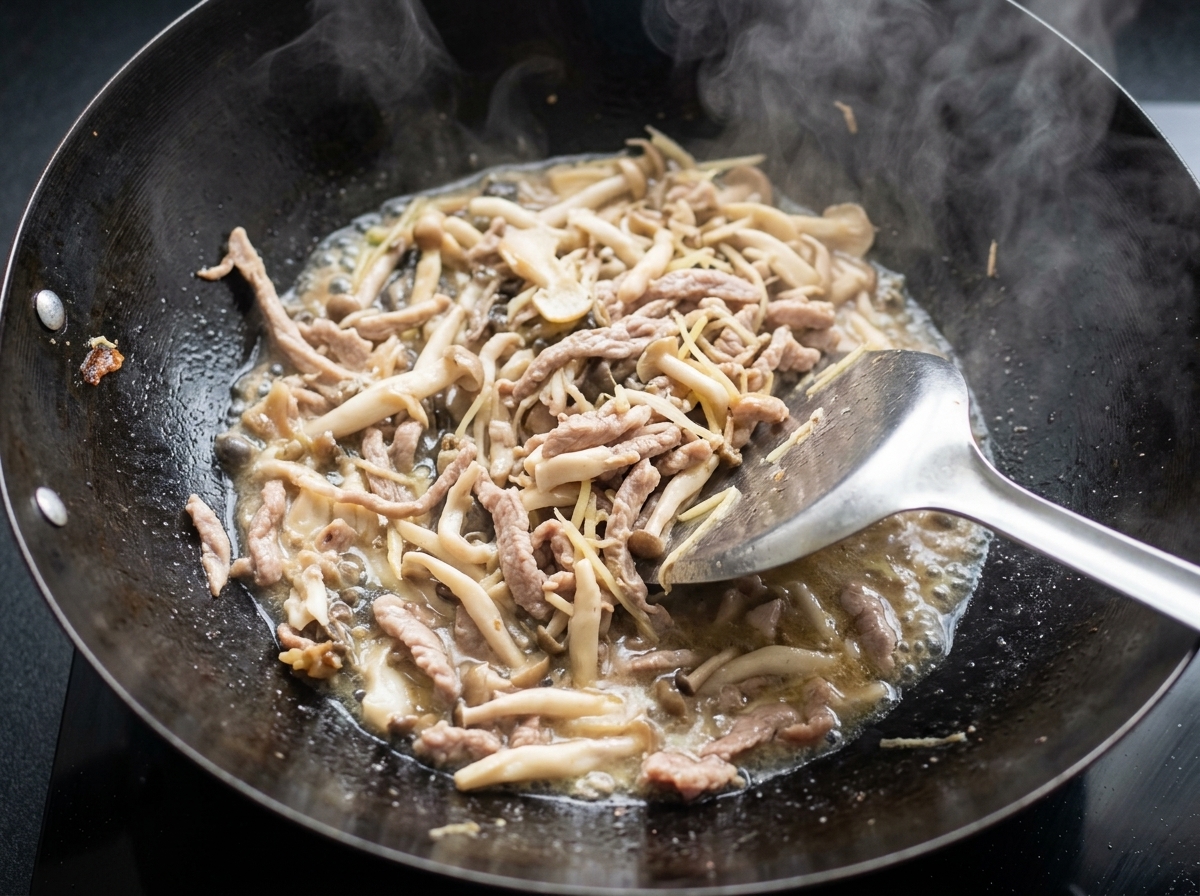 Enoki-Pilze werden zu den anderen Zutaten in den Wok gegeben.