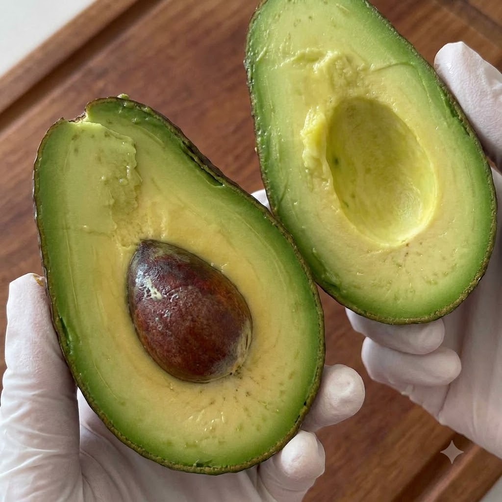 Eine Avocado in dünne Scheiben geschnitten auf einem Holzschneidebrett.