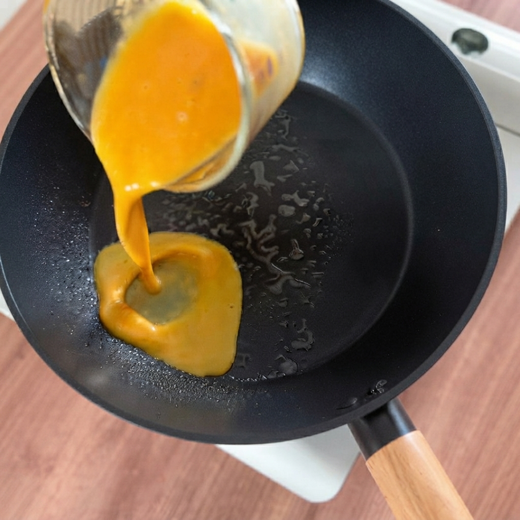 Verquirlte Eier werden in eine heiße Bratpfanne gegossen, um eine dünne Omelettschicht zu bilden.