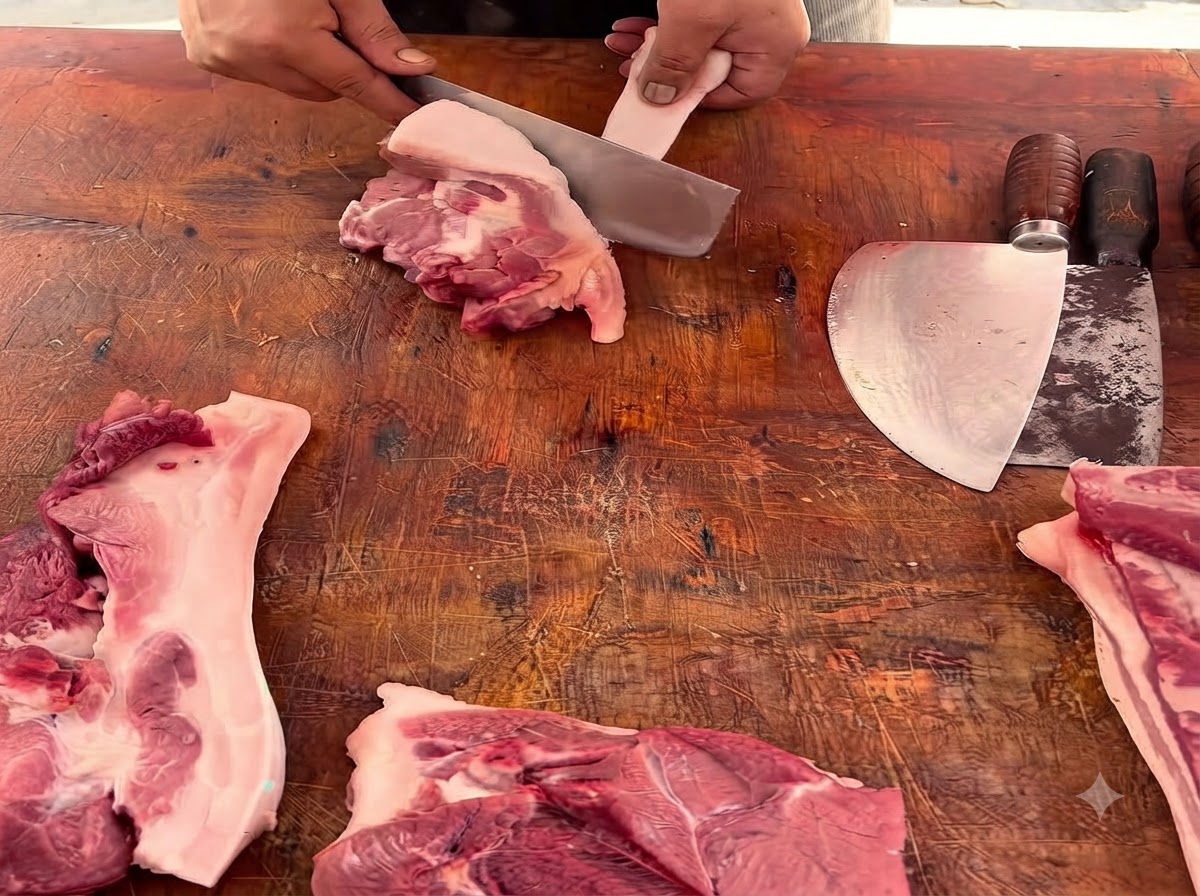 Nahaufnahme einer Person, die mit einem schweren Beil ein Stück Schweinefleisch auf einem Holzschneidebrett schneidet.