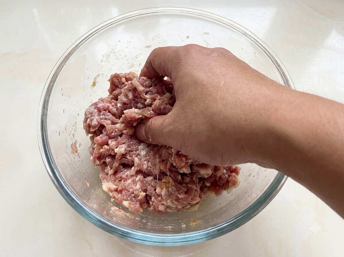 Eine Hand, die gewürztes Hackfleisch in einer Glasschüssel mischt und knetet.