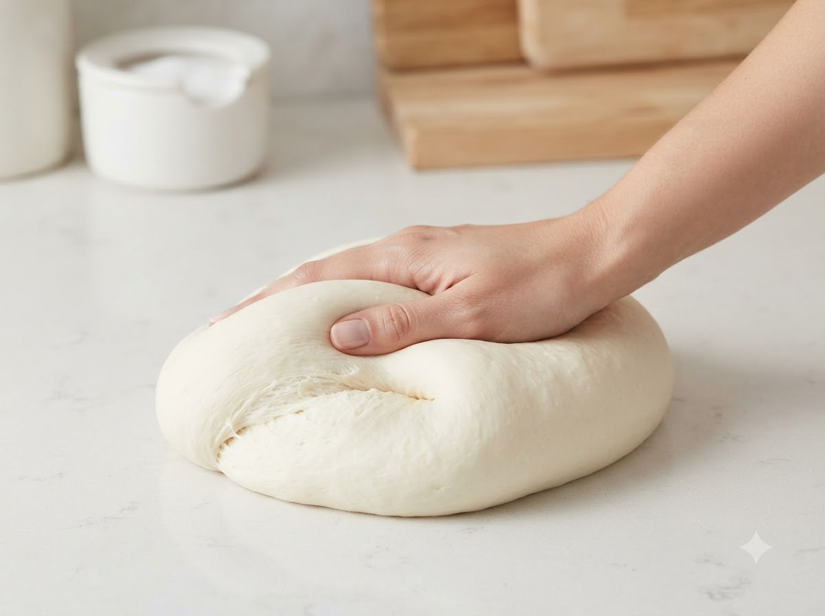 Eine Hand knetet und drückt glatten Teig auf einer sauberen weißen Arbeitsfläche.