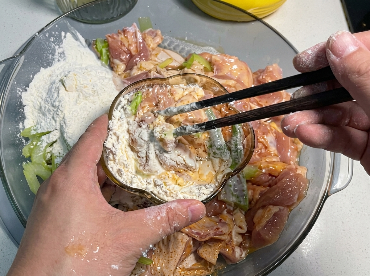 Stärketeig wird aus einer kleinen Schüssel in eine größere Glasschüssel mit mariniertem Hähnchen gegossen.