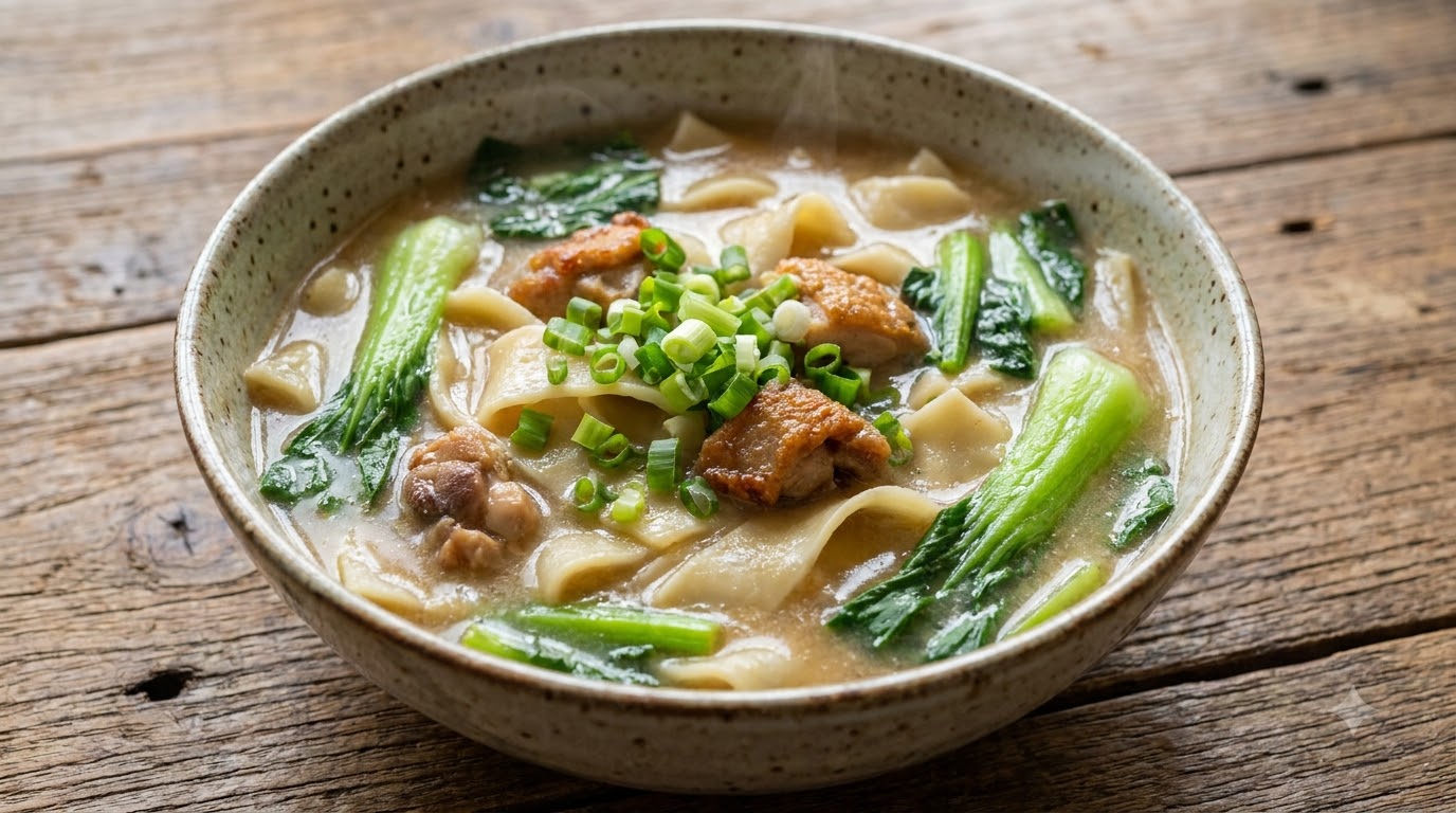 Pfannengerichtetes Hähnchen mit breiter Nudelsuppe
