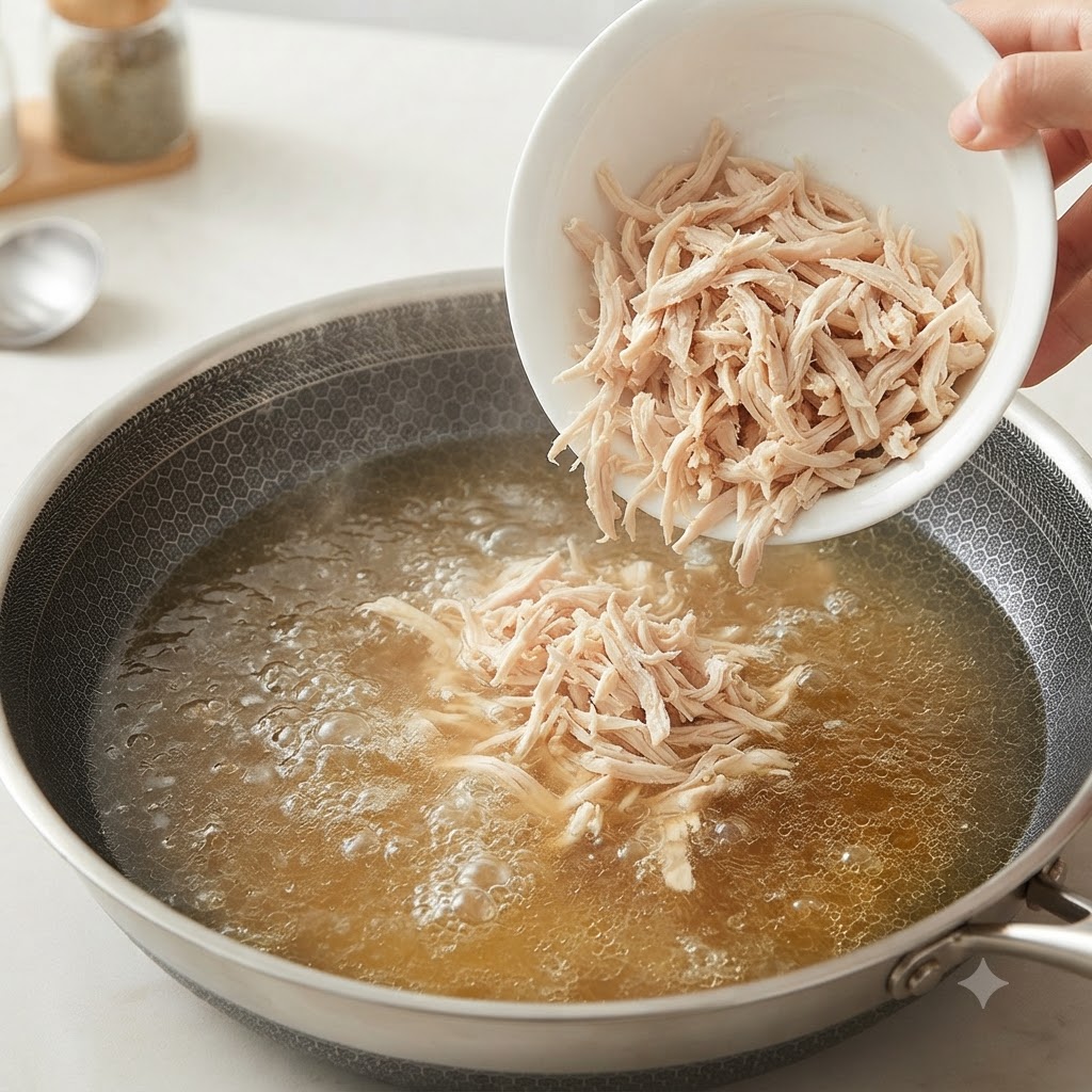 Zupffleisch vom Hähnchen wird aus einer weißen Schüssel in einen Topf mit kochender Hühnerbrühe geschüttet.