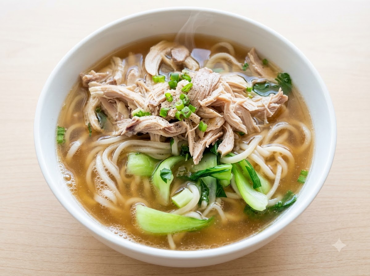 Eine fertige Schüssel Hähnchen-Nudelsuppe, garniert mit gehackten Frühlingszwiebeln und Koriander.