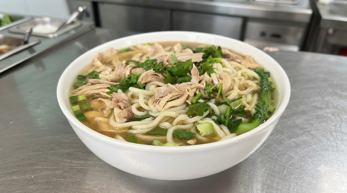 Authentische Hähnchen-Nudelsuppe mit gezupftem Fleisch