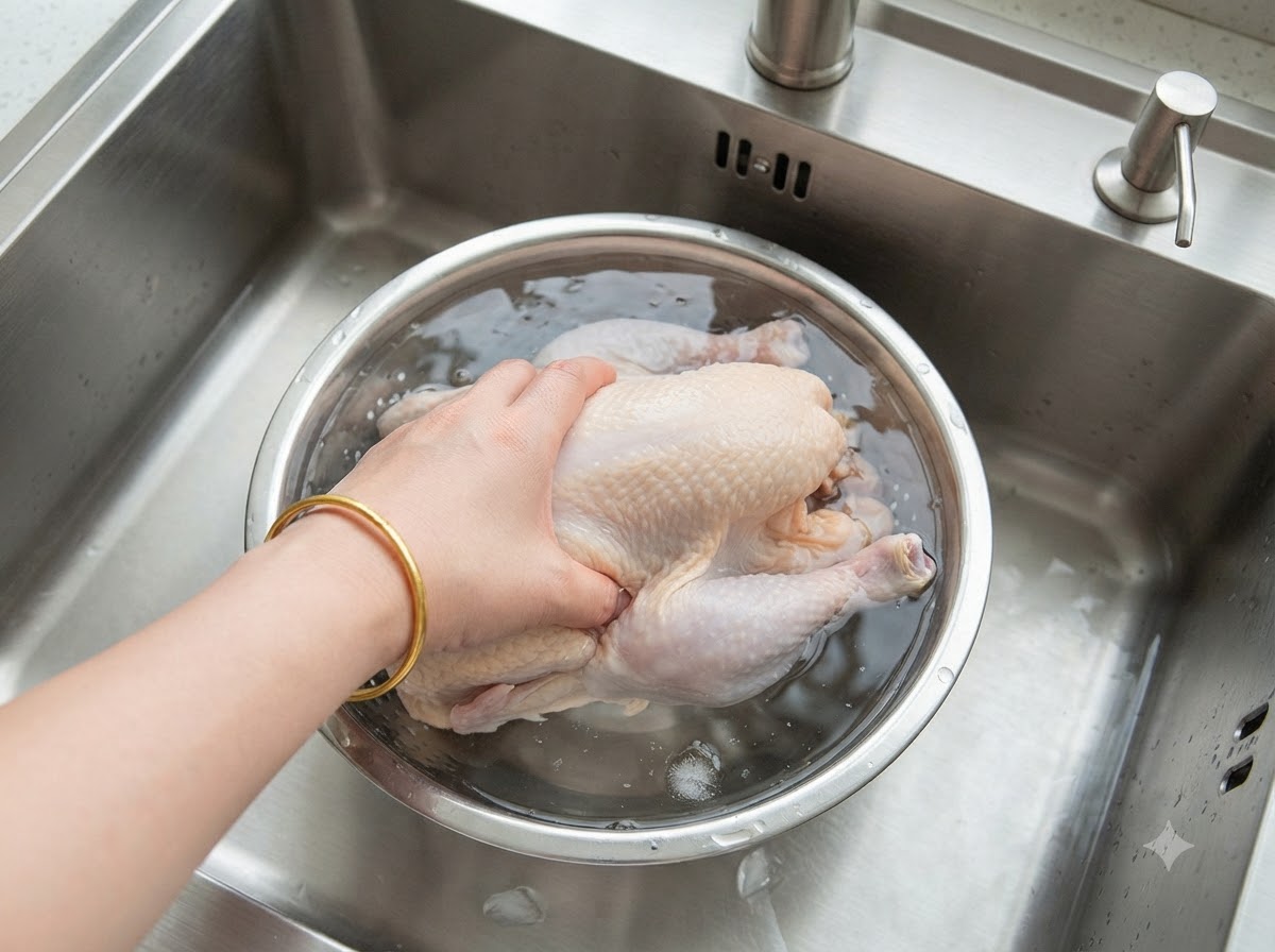 Ein gereinigtes ganzes Hähnchen wird in einen Edelstahltopf mit Wasser abgesenkt.