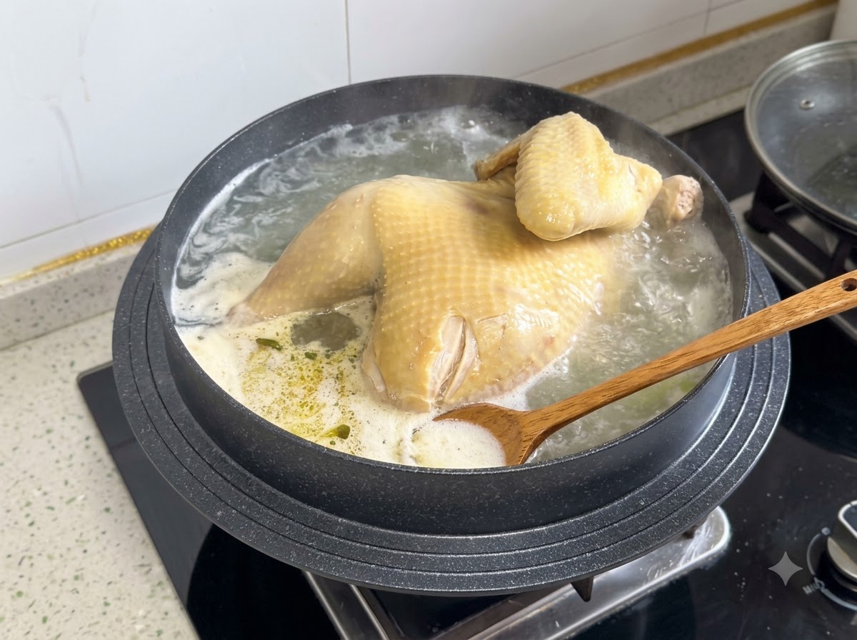 Ein Holzlöffel schöpft Schaum und Öl von der Oberfläche der kochenden Hühnerbrühe ab.