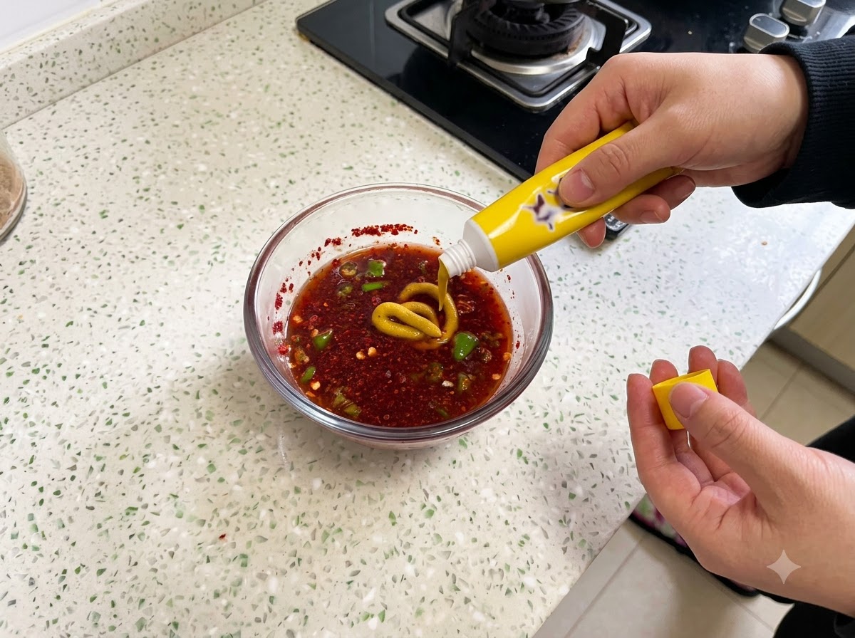 Gelber Senf wird in eine Glasschüssel mit gemischten Saucenzutaten und Chilipulver gedrückt.