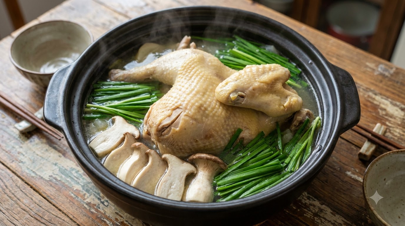 Klares, geschmortes Hähnchen-Ganzes in Suppe mit speziellem Knoblauch-Chili-Dip und Udon-Nudeln