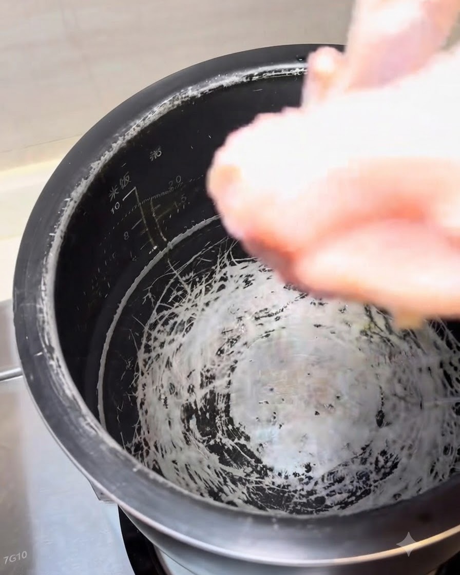 Ganze Hähnchenteile werden zum Schmoren in einen Reiskochertopf mit Wasser gegeben.