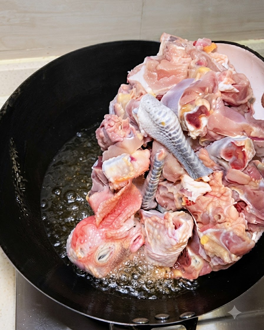 Rohe, gehackte Hähnchenstücke gleiten in einen Wok mit heißem Öl und gebratenem Ingwer.