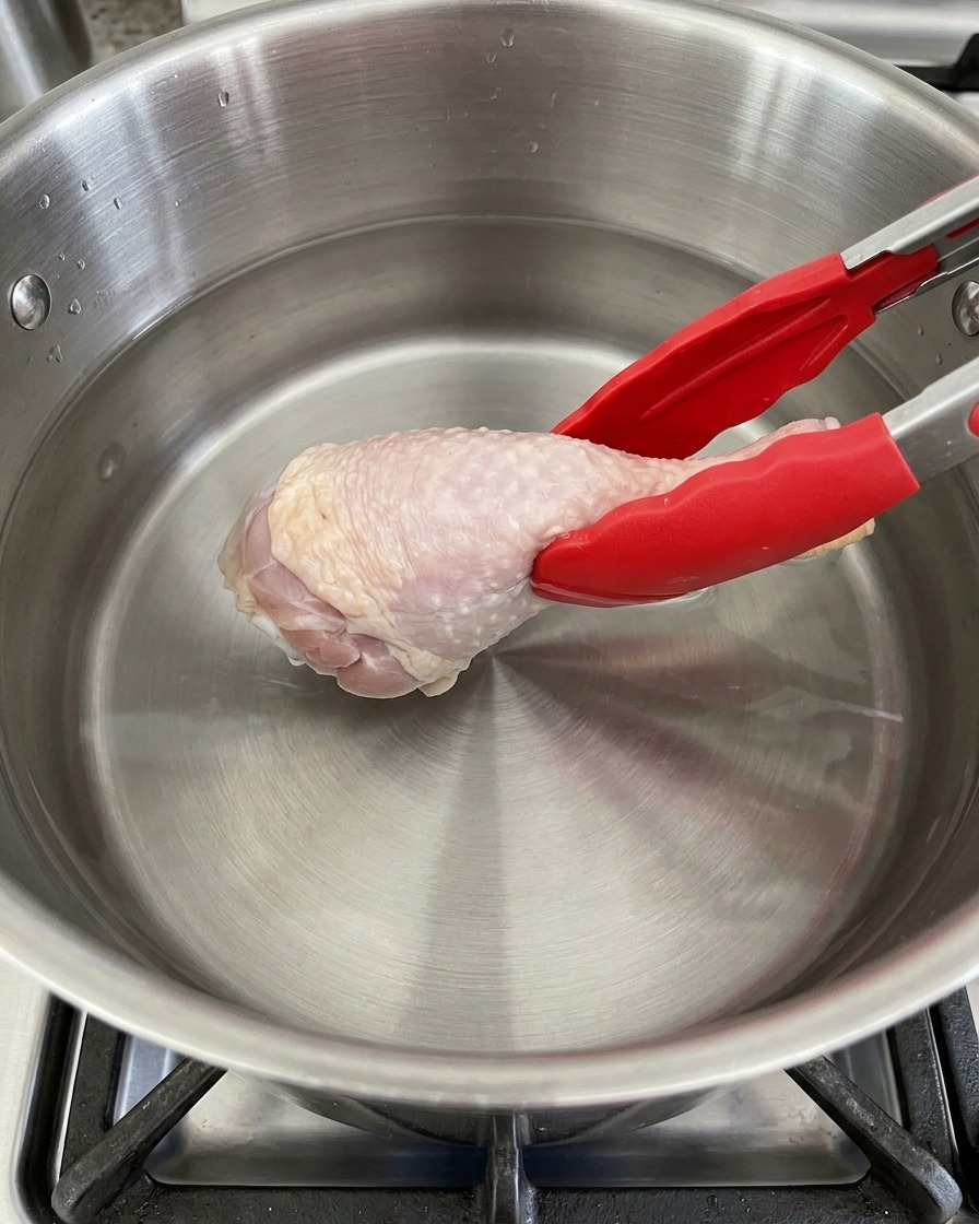 Eine Hähnchenkeule wird mit einer Zange in einen Edelstahltopf mit kaltem Wasser gelegt.