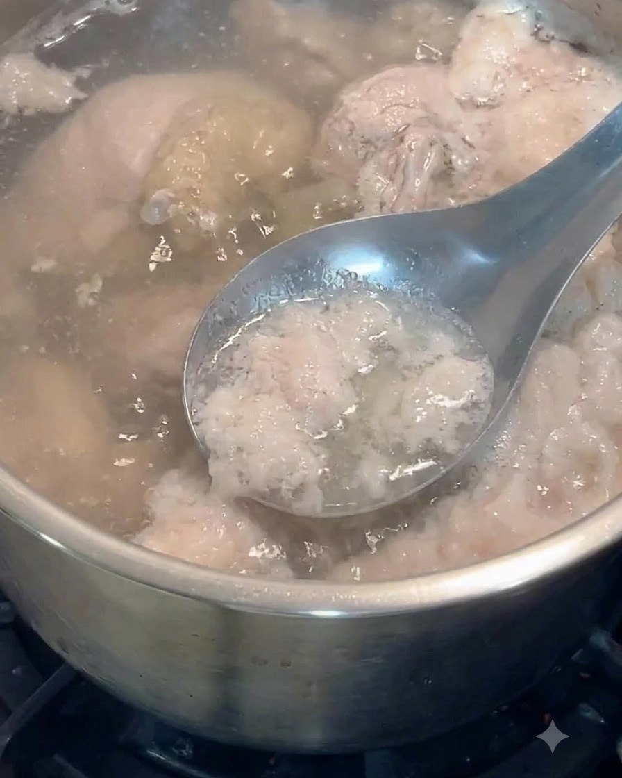 Ein Metalllöffel schöpft grauen Schaum und Verunreinigungen aus dem kochenden Wasser mit Hähnchenstücken ab.