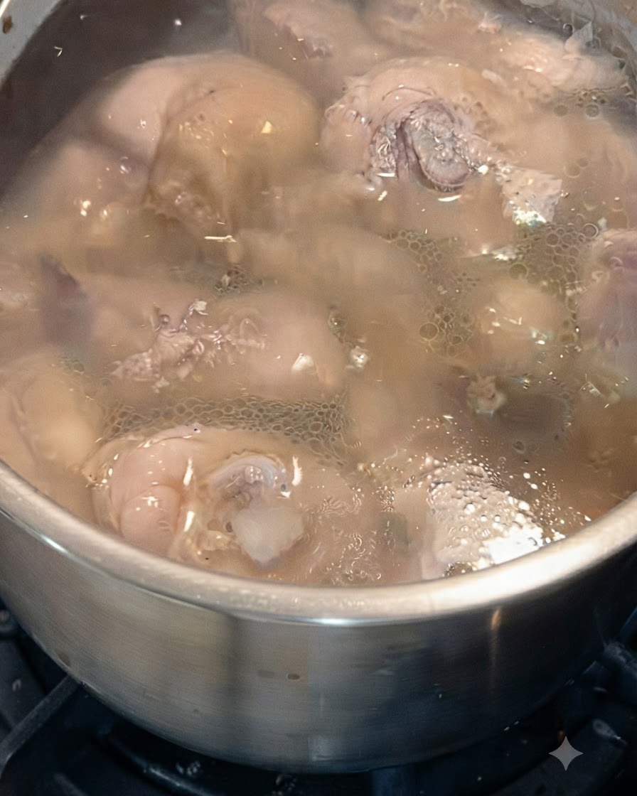 Blanchierte Hähnchenstücke köcheln oder weichen nach dem ersten Aufkochen in Wasser ein.